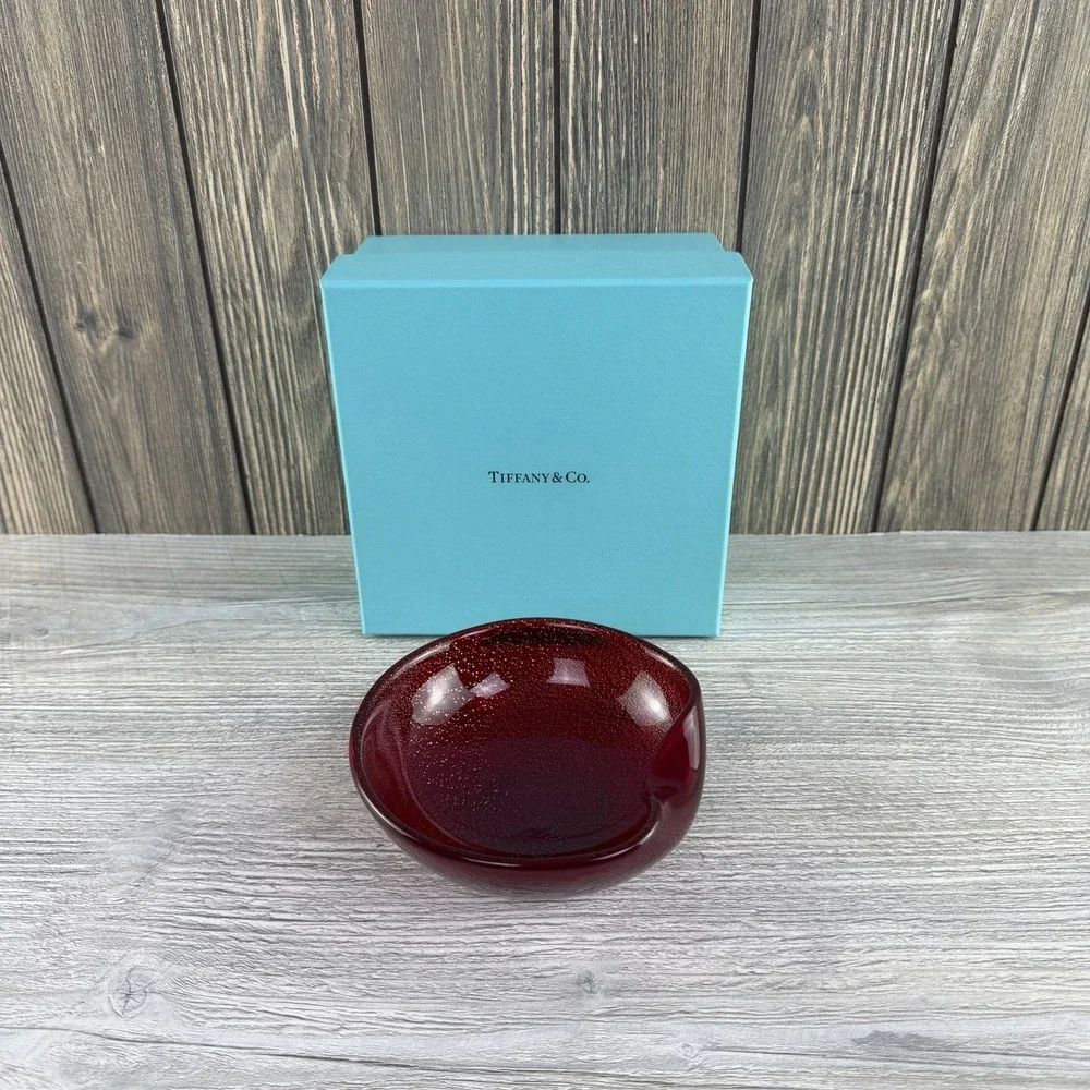 Tiffany & Co Elsa Peretti Thumbprint Dish Red Venetian Glass 24K Gold 5